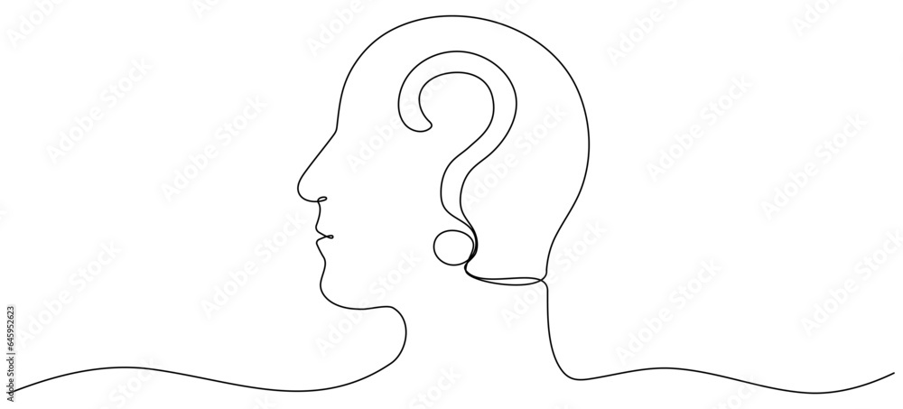 Poster continuous line drawing head with question mark. thinking linear symbol. brainstorming concept. vect