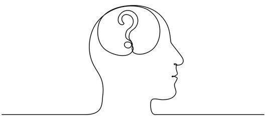 Continuous line drawing head with question mark. Thinking linear symbol. Brainstorming concept. Vector illustration isolated on white.