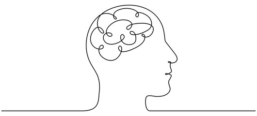 Continuous line drawing head with brain. Thinking linear symbol. Mental health concept. Vector illustration isolated on white.