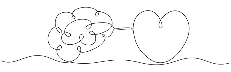 Human brain and heart continuous one line art drawing. Rationality with emotions connection concept. Psychology balance symbol. Vector illustration isolated on white.