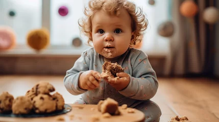 Cute little baby boy eating cookies in the kitchen at home. © Anna