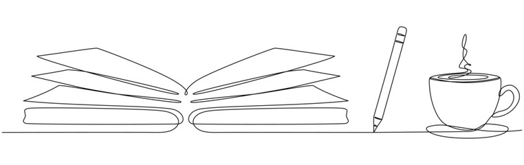 Open book with pencil and cup of coffee continuous one line art drawing. Notebook linear drawn. Vector illustration isolated on white.