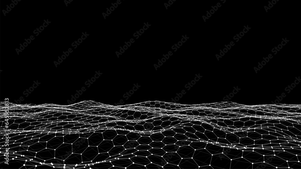 Poster futuristic vector hexagon wave. dark cyberspace. abstract wave with dots and line. white moving part