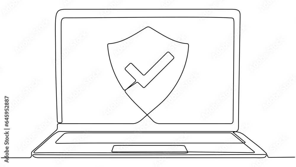 Poster laptop with shield and check mark continuous line drawing. open computer with protect linear symbol.