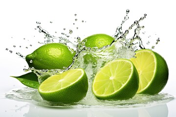 Whole and half of fresh lime fruit with slices falling in air isolated on white