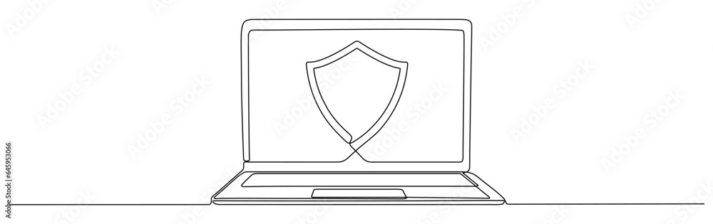 Fototapete laptop with shield continuous line drawing. open computer gadget with protect linear symbol. vector 