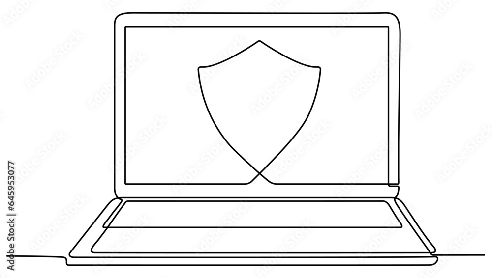 Poster laptop with shield continuous line drawing. open computer gadget with protect linear symbol. vector 