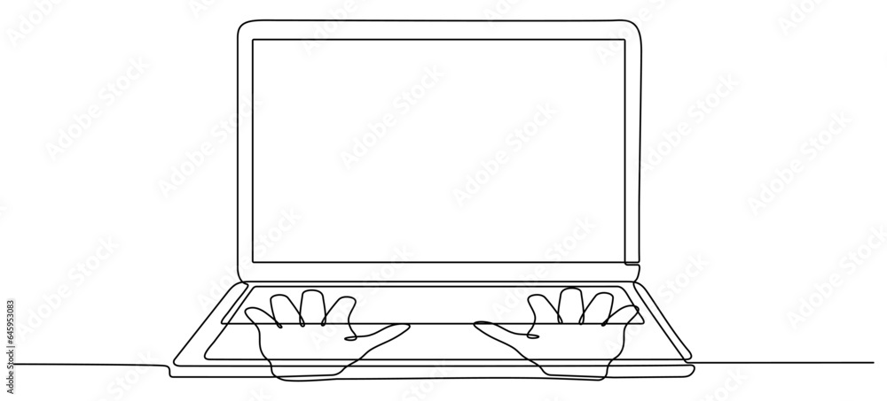 Aufkleber continuous line drawing hands with laptop. hands typing computer. vector illustration isolated on wh