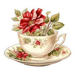 Christmas Poinsettia Decoration, Vintage Tea Time Party Watercolor Clipart, afternoon tea, tea party, Tea Pot Illustration