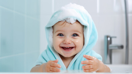 Portrait of a cute baby with a towel on his head in the bathroom