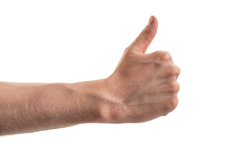 Man hand right hand thumb up isolated on white