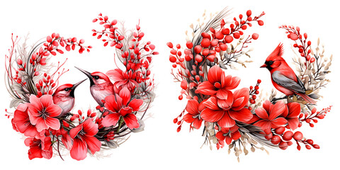 Watercolor Beautiful wedding wreath with two red cardinals standing in a circular wreath of flowers