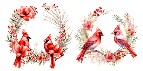 Two red cardinals standing in a circular wreath of flowers with Cardinal wildflowers watercolor elements set 