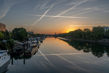 Gennevilliers, France - 05 06 2023: Panoramic view of the Seine river and Saint-Denis district from...