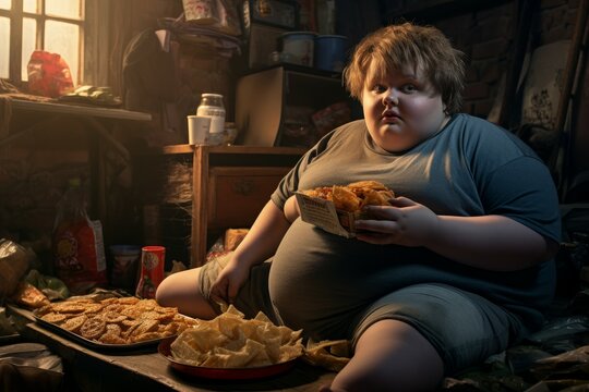 Overweight boy watch tv with fast food. Generate Ai