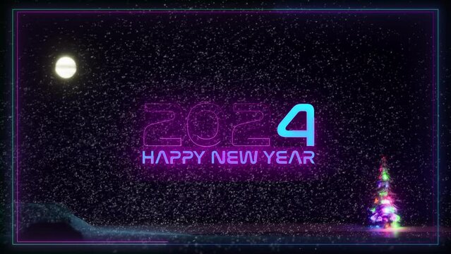 happy new year animation with snow fall in background. Neon glowing 2023 change to 2024 numbers. Celebration screen frame