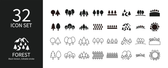 Set of icons of trees and forests of various shapes