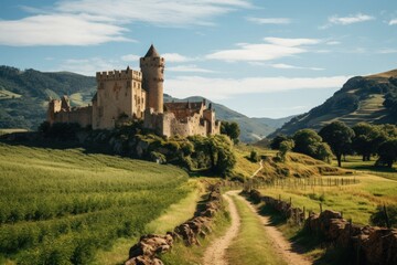 An ancient European castle on a green hill.