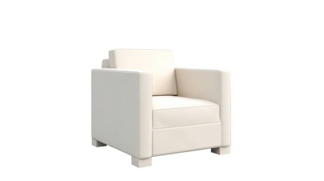 A white modern rectangular armchair, on white rectangular legs, is isolated on a transparent background.