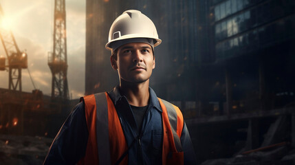 copy space, Construction worker wearing safety helmet in front of a building site. Man wearing protective clothing on a construction site. personal protective equipment.