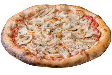 Pizza with mushrooms and chicken with tomato sauce and melted cheese.