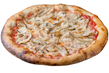 Pizza with mushrooms and chicken with tomato sauce and melted cheese.