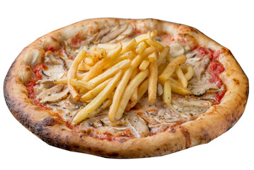 Pizza with french fries, chicken and tomato sauce. 