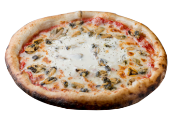 Pizza with mussels and otherseafood with melted cheese.