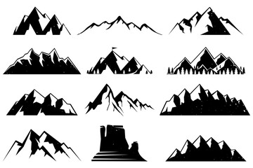 Set of mountains peaks silhouette. Isolated rocky mountain. Mountain, rock, hill, peak. Vector illustration Black and white illustration. - 645955061