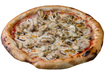 Pizza with mussels, seafood and mushrooms with melted cheese. - 645955067
