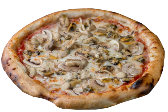 Pizza with mussels, seafood and mushrooms with melted cheese.