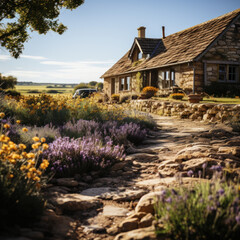 A rustic farmhouse in a field of wildflowers echoing
