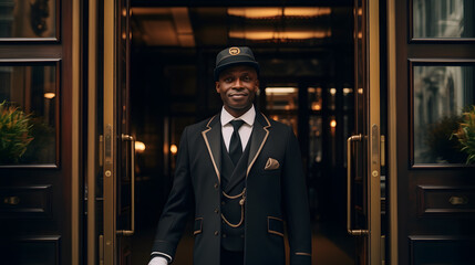 The Pinnacle of Service: Doorman in Black Uniform at Exclusive Hotel Entrance