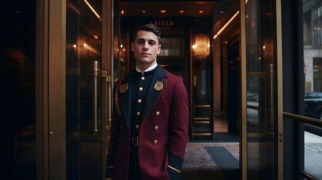 Elegant Welcome: Doorman in Maroon Uniform at Luxury Hotel Entrance