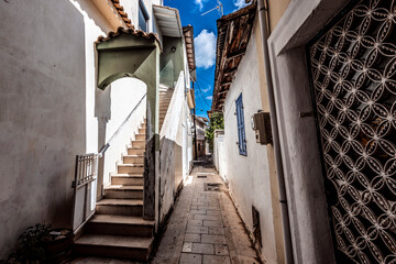 Narrow Lefkada street with old buildings