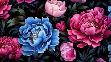 Summer seamless floral pattern that is unusual. Peonies in a garden. Black background with pink and blue flowers.