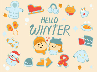 Winter stuff icon set for clip art cartoon style.