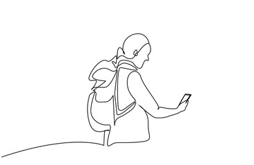 mature woman nature backpack looking at route with phone travel line art design