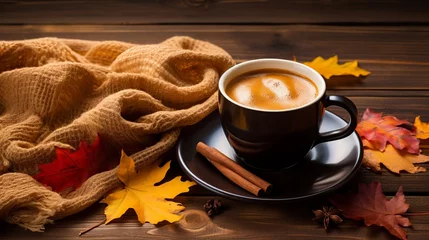 Tuinposter Autumn background with autumn leaves, a hot, steaming cup of coffee, and a warm scarf © Suleyman