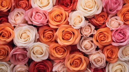 Pink, orange, and peach roses are in the background.