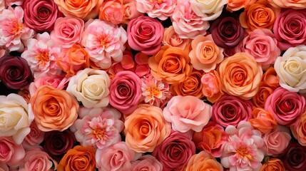 Fototapeta premium Pink, orange, and peach roses are in the background.