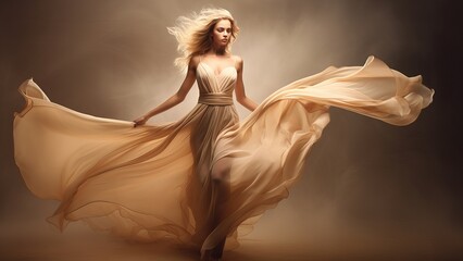 Fashion model wearing a lovely, high-end beige flowing chiffon dress, Beautiful fantasy model wearing an evening gown that flies long. - obrazy, fototapety, plakaty