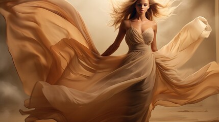 Fashion model wearing a lovely, high-end beige flowing chiffon dress, Beautiful fantasy model wearing an evening gown that flies long.