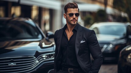 Tall, attractive man standing close to the vehicle. life of luxury.
