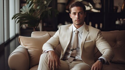 An attractive man in a beige suit is relaxing on a sofa at home.