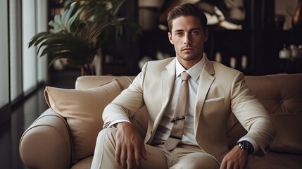 An attractive man in a beige suit is relaxing on a sofa at home. - Powered by Adobe
