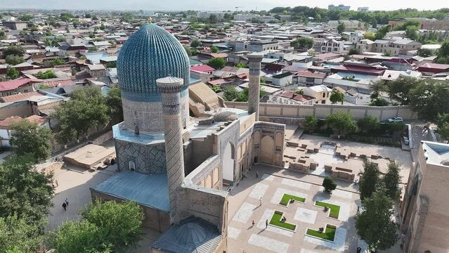 Bird eye shot of the Guri Amir or Gur Emir mausoleum, Samarkand, Uzbekistan. - May 26, 2023.
