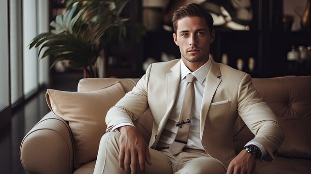 An attractive man in a beige suit is relaxing on a sofa at home.