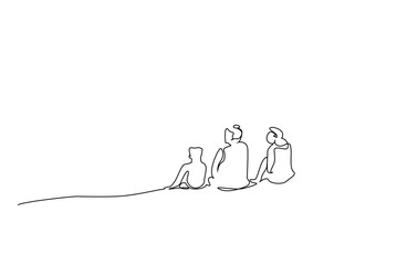 family mother child grandmother sitting together outside rear back behind view line art design