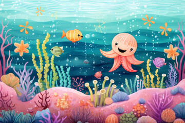 Kids illustration of tropical underwater landscape with colorful coral reef, fishes and cute jellyfish in the ocean. colorful nursery art, beautiful artistic image for poster, wallpaper, art print.